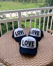 Load image into Gallery viewer, Happy Hat; Custom LOVE w/last name trucker hat